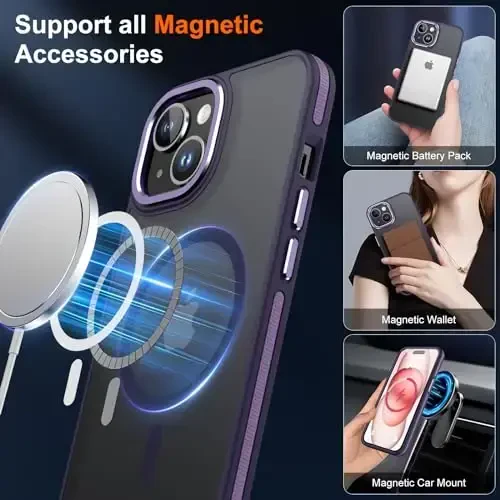 JAME для iPhone 15, чехол для iPhone 15 с 2 защитными пленками [совместим с Magsafe][военная защита] Противоударный тонкий чехол для iPhone 15, фиолетовый - 3