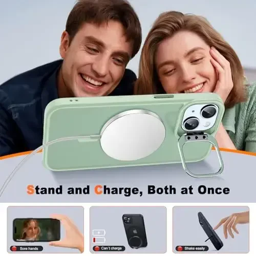 JAME для iPhone 15 с подставкой, 2 защитных стекла, [совместимо с MagSafe], чехол со встроенной подставкой для камеры, магнитный чехол для iPhone 15, 6.1”, зеленый - 3