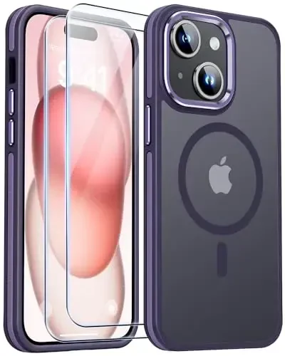 JAME for iPhone 15 Case, iPhone 15 Phone Case with 2 Tempered-Glass Screen Protectors [Compatible with Magsafe][Military-Grade Protection] Shockproof Slim Fit Phone Case for iPhone 15 Case, Purple - JAME