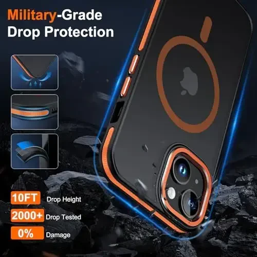 JAME for iPhone 15 Case with 2 Tempered-Glass Screen Protectors, [Compatible with Magsafe], [Military-Grade Protection], Shockproof Slim Fit Phone Case for iPhone 15 Phone Case, Orange - 4