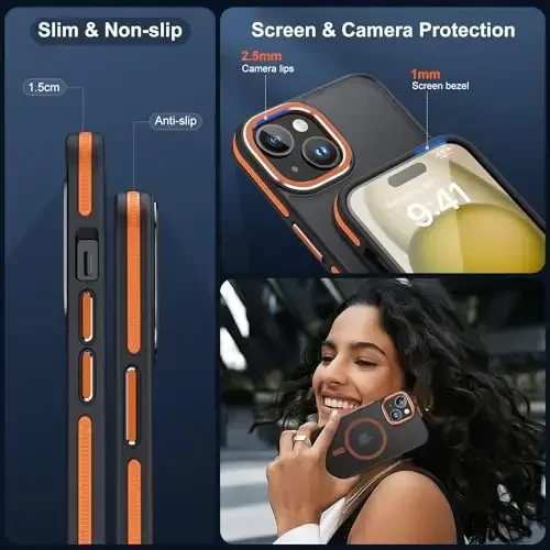 JAME for iPhone 15 Case with 2 Tempered-Glass Screen Protectors, [Compatible with Magsafe], [Military-Grade Protection], Shockproof Slim Fit Phone Case for iPhone 15 Phone Case, Orange - 5