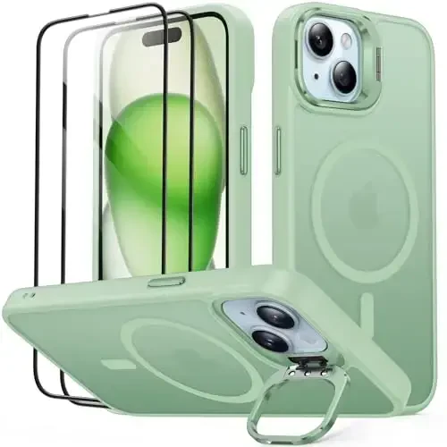 JAME for iPhone 15 Case with Stand, 2X [Tempered Glass Screen Protector], [Compatible with Magnetic], Built-in Camera Kick-Stand Phone Case for iPhone 15, Magnetic Case for iPhone 15, 6.1”, Green - 1