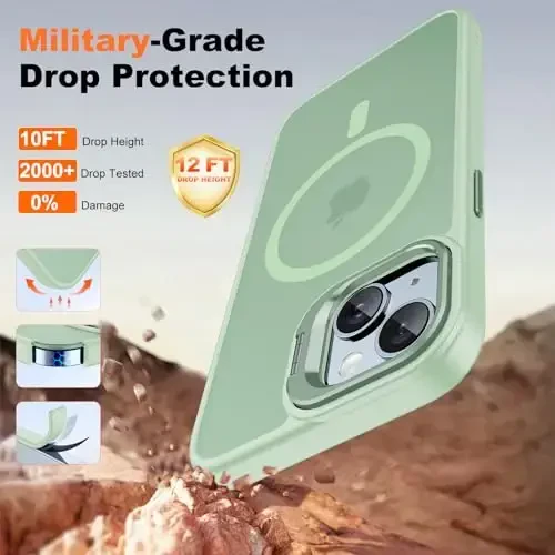 JAME for iPhone 15 Case with Stand, 2X [Tempered Glass Screen Protector], [Compatible with Magnetic], Built-in Camera Kick-Stand Phone Case for iPhone 15, Magnetic Case for iPhone 15, 6.1”, Green - 7