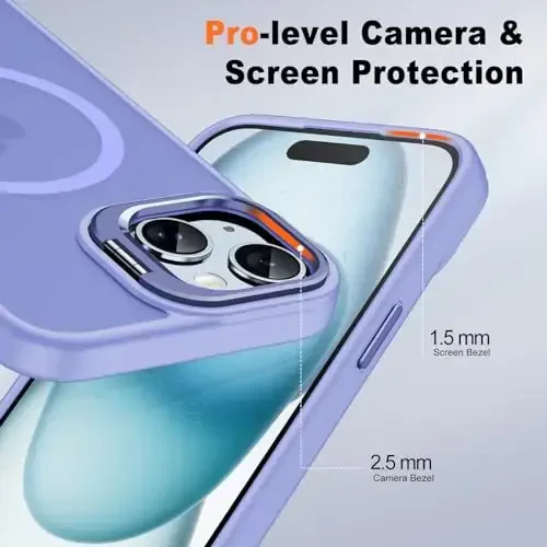 JAME for iPhone 15 Case with Stand, 2X [Tempered Glass Screen Protector], [Compatible with Magnetic], Built-in Camera Kick-Stand Phone Case for iPhone 15, Magnetic Case for iPhone 15, 6.1”, Lavender - 6