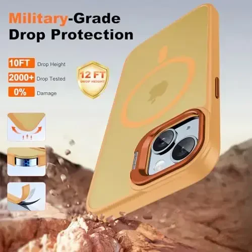 JAME for iPhone 15 Case with Stand, 2X [Tempered Glass Screen Protector][Compatible with Magnetic] Built-in Camera Kick-Stand Phone Case for iPhone 15, Magnetic Case for iPhone 15 6.1”, Orange - 7