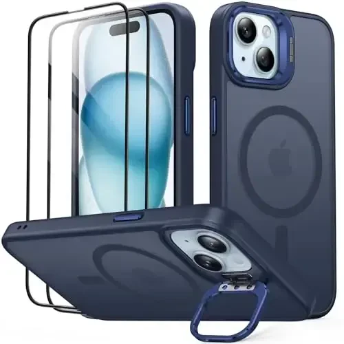 JAME for iPhone 15 Case with Stand, 2X [Tempered Glass Screen Protector][Compatible with Magnetic], Built-in Camera Kick-Stand Phone Cover for iPhone 15, Magnetic Case for iPhone 15 6.1”, Blue 