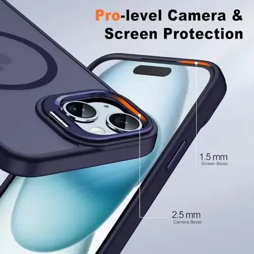 JAME for iPhone 15 Case with Stand, 2X [Tempered Glass Screen Protector][Compatible with Magnetic] Built-in Camera Kickstand Phone Cover for iPhone 15, Magnetic Case for iPhone 15 6.1”, Purple - 6