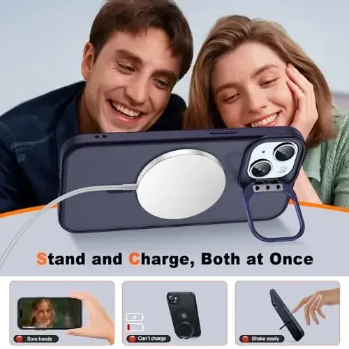 JAME for iPhone 15 Case with Stand, 2X [Tempered Glass Screen Protector][Compatible with Magnetic] Built-in Camera Kickstand Phone Cover for iPhone 15, Magnetic Case for iPhone 15 6.1”, Purple - 3