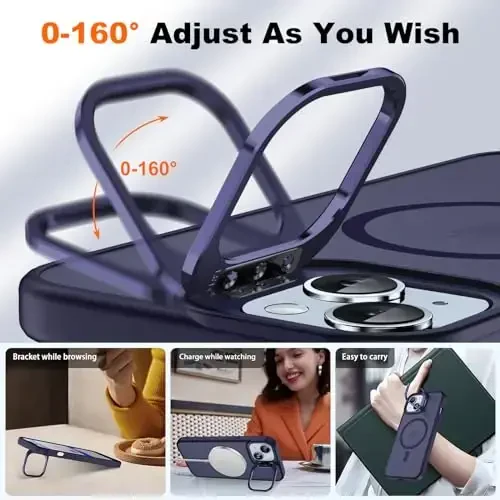 JAME for iPhone 15 Case with Stand, 2X [Tempered Glass Screen Protector][Compatible with Magnetic] Built-in Camera Kickstand Phone Cover for iPhone 15, Magnetic Case for iPhone 15 6.1”, Purple - 4