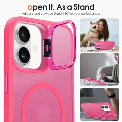 JAME for iPhone 16 Case, [Compatible with Magsafe], [Military-Grade Protection], [with Camera Stand Guard] Shockproof Slim Fit Phone Case for iPhone 16 Case, 6.1-inch, Hot Pink - 5