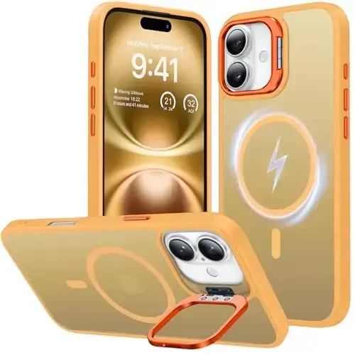 JAME for iPhone 16 Case, [Compatible with Magsafe], [Military-Grade Protection], [with Camera Stand Guard] Shockproof Slim Fit Phone Case for iPhone 16 Case, 6.1-inch, Orange - JAME