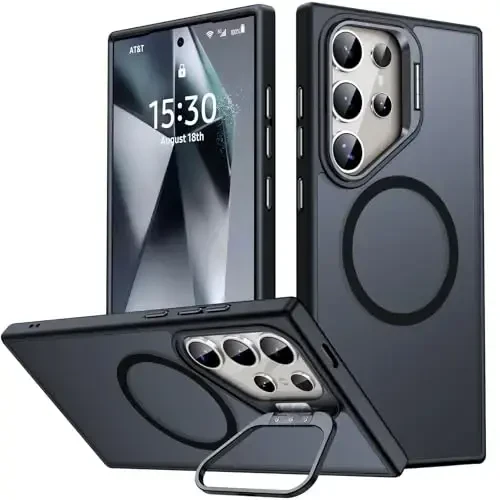 JAME for Samsung Galaxy S24 Ultra Case, Slim S24 Ultra Case with Stand, [Compatible with MagSafe], Built-in Camera Stand Translucent Matte Phone Case for S24 Ultra, Stand Black 