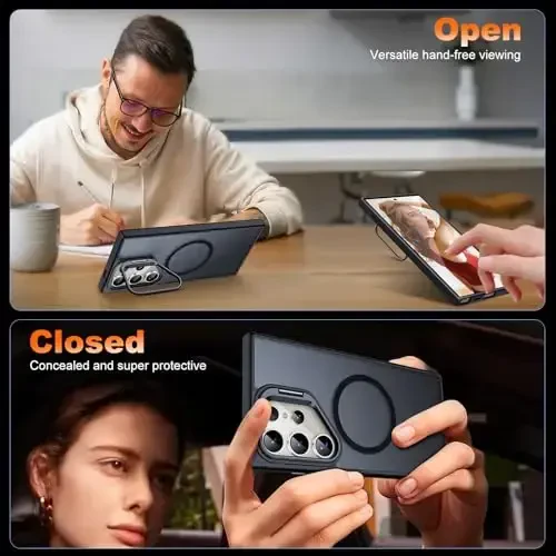 JAME for Samsung Galaxy S24 Ultra Case, Slim S24 Ultra Case with Stand, [Compatible with MagSafe], Built-in Camera Stand Translucent Matte Phone Case for S24 Ultra, Stand Black - 3