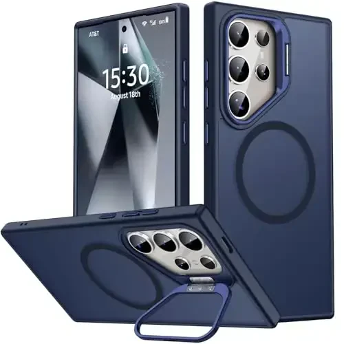 JAME for Samsung Galaxy S24 Ultra Case, Slim S24 Ultra Case with Stand, [Compatible with MagSafe], Built-in Camera Stand Translucent Matte Phone Case for S24 Ultra, Stand Blue 