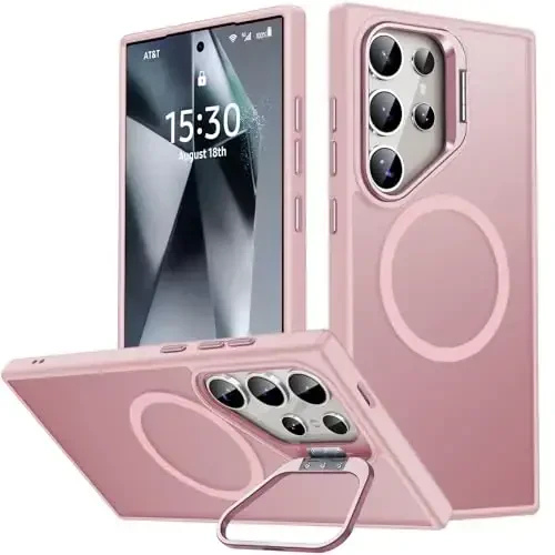 JAME for Samsung Galaxy S24 Ultra Case, Slim S24 Ultra Case with Stand, [Compatible with MagSafe], Built-in Camera Stand Translucent Matte Phone Case for S24 Ultra, Stand Pink - 1
