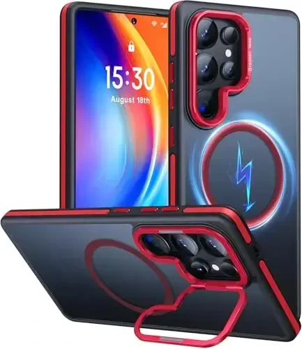 JAME for Samsung Galaxy S25 Ultra Case, [Compatible with Magsafe], [Military-Grade Protection], [with Camera Stand Guard] Shockproof Slim Fit Phone Case for Samsung Galaxy S25 Ultra Case, Red 
