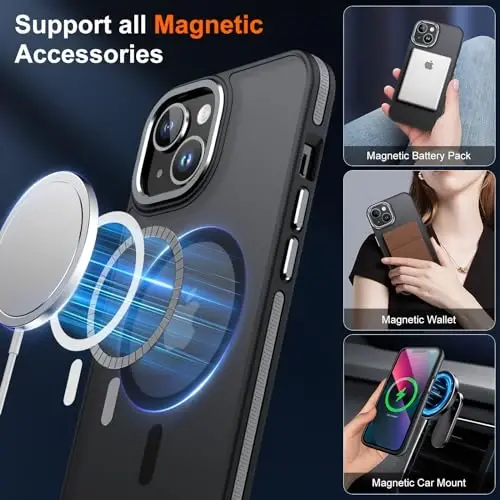 JAME Magnetic for iPhone 13 Case & iPhone 14 Case, [Compatible with Magnetic] [Shockproof Military-Grade Protection] Slim Non-Slip Translucent Matte Phone Case for iPhone 13/iPhone 14 6.1″, Black - 3