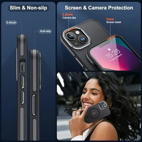 JAME Magnetic for iPhone 13 Case & iPhone 14 Case, [Compatible with Magnetic] [Shockproof Military-Grade Protection] Slim Non-Slip Translucent Matte Phone Case for iPhone 13/iPhone 14 6.1″, Black - 6