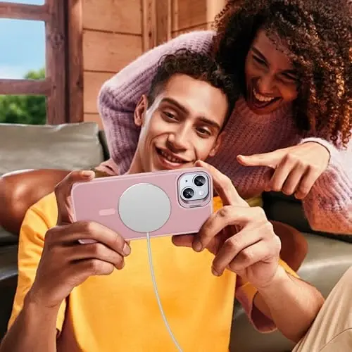 JAME Magnetic for iPhone 13 Case & iPhone 14 Case, [Built-in Lens Ring Stand] [Military-Grade Protection] Slim Translucent Matte Magnetic Phone Case for iPhone 13/iPhone 14 6.1″, Sand Pink - 7