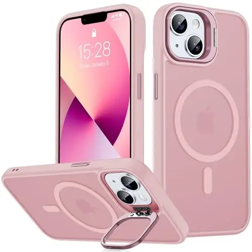 JAME Magnetic for iPhone 13 Case & iPhone 14 Case, [Built-in Lens Ring Stand] [Military-Grade Protection] Slim Translucent Matte Magnetic Phone Case for iPhone 13/iPhone 14 6.1″, Sand Pink 