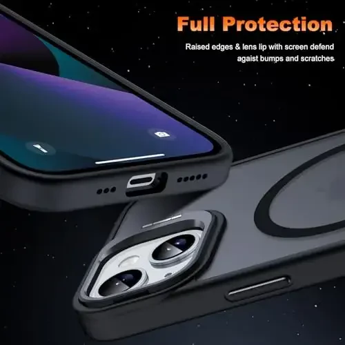 JAME Magnetic for iPhone 13 Case & iPhone 14 Case, [Built-in Lens Ring Stand] [Military-Grade Protection] Slim Translucent Matte Magnetic Phone Case for iPhone 13/iPhone 14 6.1″, Matte Black - 6