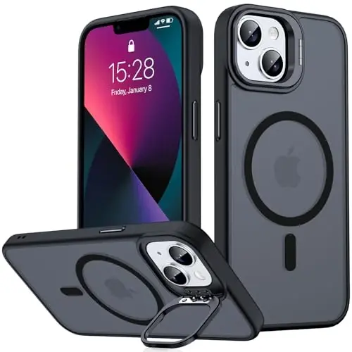 JAME Magnetic for iPhone 13 Case & iPhone 14 Case, [Built-in Lens Ring Stand] [Military-Grade Protection] Slim Translucent Matte Magnetic Phone Case for iPhone 13/iPhone 14 6.1″, Matte Black 