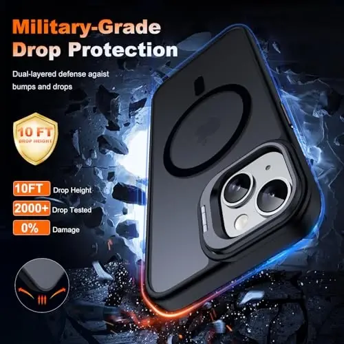 JAME Magnetic for iPhone 13 Case & iPhone 14 Case, [Built-in Lens Ring Stand] [Military-Grade Protection] Slim Translucent Matte Magnetic Phone Case for iPhone 13/iPhone 14 6.1″, Matte Black - 5