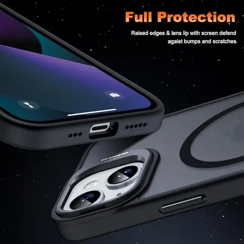JAME Magnetic for iPhone 13 Case & iPhone 14 Case, [Built-in Lens Ring Stand] [Military-Grade Protection] Slim Translucent Matte Magnetic Phone Case for iPhone 13/iPhone 14 6.1″, Matte Black - 6