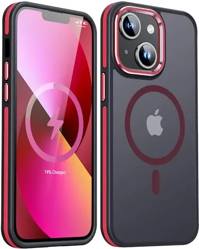 JAME Magnetic for iPhone 13 Case & iPhone 14 Case, [Compatible with Magnetic] [Shockproof Military-Grade Protection] Slim Non-Slip Translucent Matte Phone Case for iPhone 13/iPhone 14 6.1″, Red 