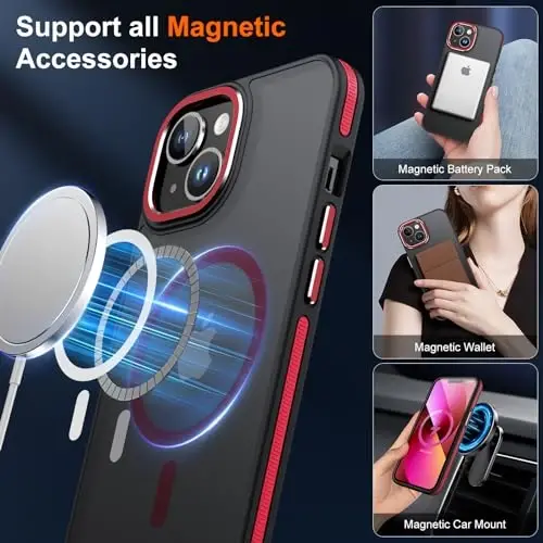 JAME Magnetic for iPhone 13 Case & iPhone 14 Case, [Compatible with Magnetic] [Shockproof Military-Grade Protection] Slim Non-Slip Translucent Matte Phone Case for iPhone 13/iPhone 14 6.1″, Red - 3