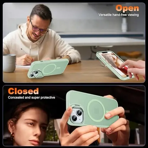 JAME Magnetic for iPhone 13 Case & iPhone 14 Case, [Built-in Lens Ring Stand] [Military-Grade Protection] Slim Translucent Matte Magnetic Phone Case for iPhone 13/iPhone 14 6.1″, Light Green - 3