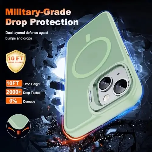 JAME Magnetic for iPhone 13 Case & iPhone 14 Case, [Built-in Lens Ring Stand] [Military-Grade Protection] Slim Translucent Matte Magnetic Phone Case for iPhone 13/iPhone 14 6.1″, Light Green - 5