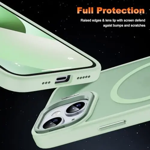 JAME Magnetic for iPhone 13 Case & iPhone 14 Case, [Built-in Lens Ring Stand] [Military-Grade Protection] Slim Translucent Matte Magnetic Phone Case for iPhone 13/iPhone 14 6.1″, Light Green - 6