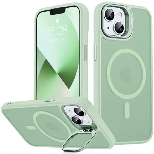 JAME Magnetic for iPhone 13 Case & iPhone 14 Case, [Built-in Lens Ring Stand] [Military-Grade Protection] Slim Translucent Matte Magnetic Phone Case for iPhone 13/iPhone 14 6.1″, Light Green 