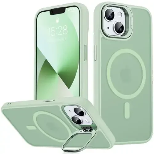 JAME Magnetic for iPhone 13 Case & iPhone 14 Case, [Built-in Lens Ring Stand] [Military-Grade Protection] Slim Translucent Matte Magnetic Phone Case for iPhone 13/iPhone 14 6.1″, Light Green - JAME