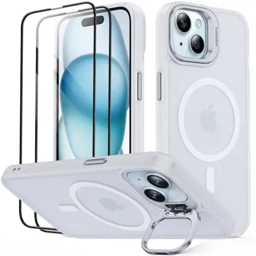 JAME for iPhone 15 Case with Stand, 2X [Tempered Glass Screen Protector], [Compatible with Magnetic], Built-in Camera Kick-Stand Phone Case for iPhone 15, Magnetic Case for iPhone 15, 6.1”, Clear - 1