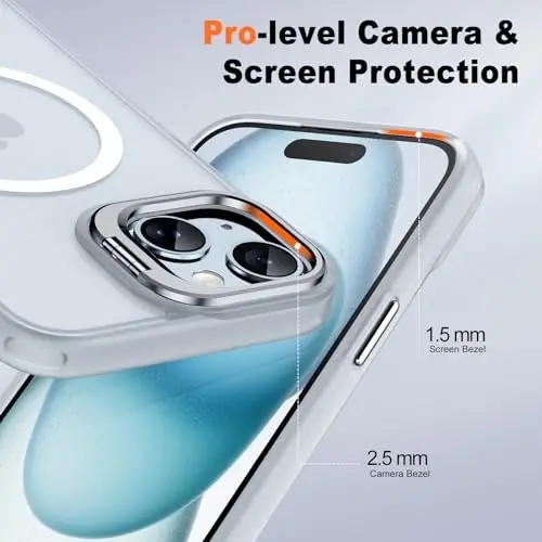 JAME for iPhone 15 Case with Stand, 2X [Tempered Glass Screen Protector], [Compatible with Magnetic], Built-in Camera Kick-Stand Phone Case for iPhone 15, Magnetic Case for iPhone 15, 6.1”, Clear - 6
