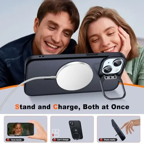 JAME for iPhone 15 Case with Stand, 2X [Tempered Glass Screen Protector], [Compatible with Magnetic], Built-in Camera Kick-Stand Phone Case for iPhone 15, Magnetic Case for iPhone 15, 6.1”, Black - 3