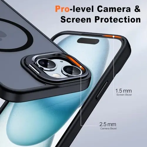 JAME for iPhone 15 Case with Stand, 2X [Tempered Glass Screen Protector], [Compatible with Magnetic], Built-in Camera Kick-Stand Phone Case for iPhone 15, Magnetic Case for iPhone 15, 6.1”, Black - 6