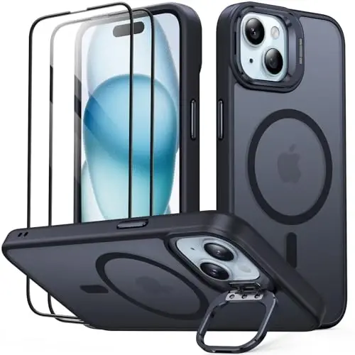 JAME for iPhone 15 Case with Stand, 2X [Tempered Glass Screen Protector], [Compatible with Magnetic], Built-in Camera Kick-Stand Phone Case for iPhone 15, Magnetic Case for iPhone 15, 6.1”, Black 