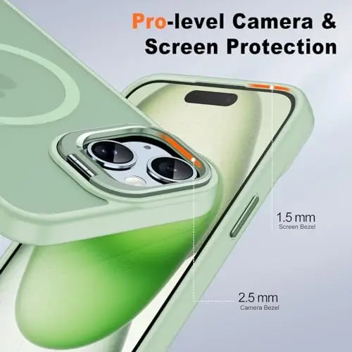 JAME for iPhone 15 Case with Stand, 2X [Tempered Glass Screen Protector], [Compatible with Magnetic], Built-in Camera Kick-Stand Phone Case for iPhone 15, Magnetic Case for iPhone 15, 6.1”, Green - 6