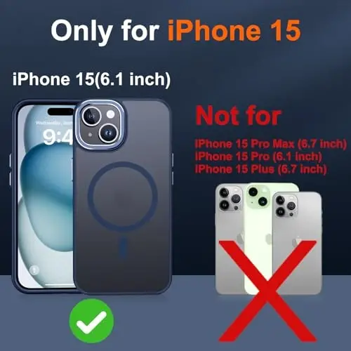 JAME iPhone 15 korpusi, 2 ta temperli shisha ekran himoyachisi bilan iPhone 15 telefon korpusi [Magsafe bilan mos keladi] [Harbiy darajadagi himoya] iPhone 15 korpusi uchun zarbaga chidamli yupqa korpus, ko'k. - 2