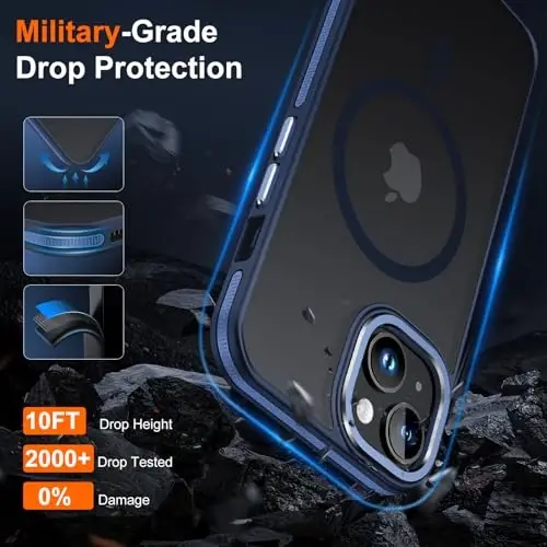 JAME iPhone 15 korpusi, 2 ta temperli shisha ekran himoyachisi bilan iPhone 15 telefon korpusi [Magsafe bilan mos keladi] [Harbiy darajadagi himoya] iPhone 15 korpusi uchun zarbaga chidamli yupqa korpus, ko'k. - 4