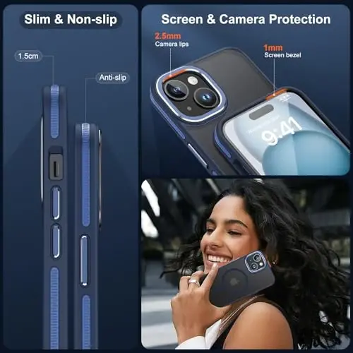 JAME iPhone 15 korpusi, 2 ta temperli shisha ekran himoyachisi bilan iPhone 15 telefon korpusi [Magsafe bilan mos keladi] [Harbiy darajadagi himoya] iPhone 15 korpusi uchun zarbaga chidamli yupqa korpus, ko'k. - 5