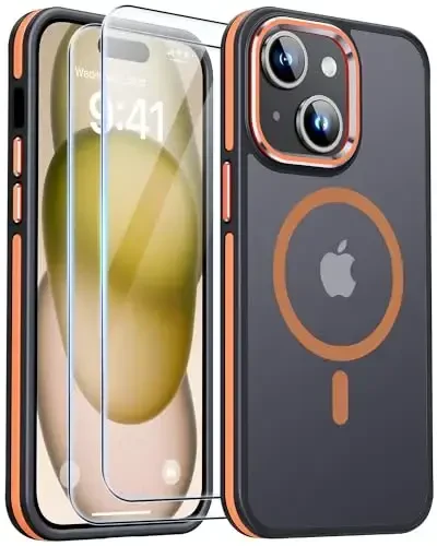 JAME iPhone 15 uchun g'ilof, 2 ta закалённое shisha ekran himoyachisi bilan, [Magsafe bilan mos], [Harbiy darajadagi himoya], зарбага чидамли Slim Fit iPhone 15 uchun телефон g'ilofi, to'q sariq - JAME