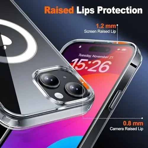 JAME iPhone 15 uchun G'ilof Shaffof, iPhone 15 Magnitli G'ilofi 2*Shisha Ekran Himoyachilari bilan, Magsafe bilan mos, Sarğaymaydigan, Zarba o'tkazmaydigan Yupqa Shaffof Telefon G'ilofi iPhone 15 uchun, 6.1 dyuym, Shaffof - 5