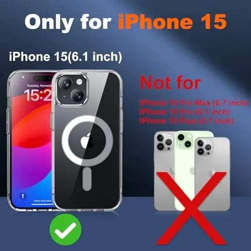 JAME iPhone 15 uchun G'ilof Shaffof, iPhone 15 Magnitli G'ilofi 2*Shisha Ekran Himoyachilari bilan, Magsafe bilan mos, Sarğaymaydigan, Zarba o'tkazmaydigan Yupqa Shaffof Telefon G'ilofi iPhone 15 uchun, 6.1 dyuym, Shaffof - 2