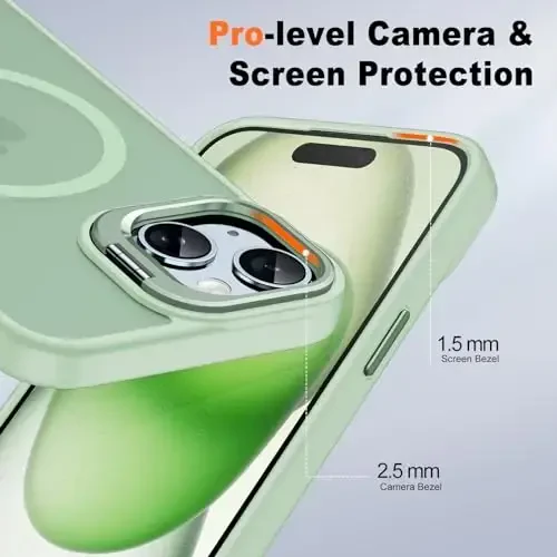 JAME iPhone 15 uchun G'ilof, Stend bilan, 2X [Temperli Shisha Ekran Himoyachisi], [Magnit bilan mos], O'rnatilgan Kamera Kick-Stend Telefon G'ilofi iPhone 15 uchun, Magnit G'ilof iPhone 15 uchun, 6.1