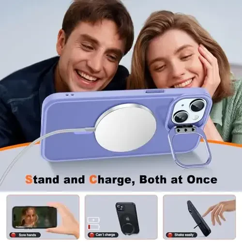JAME iPhone 15 uchun gʻilof, stend bilan, 2X [Temperli Shisha Ekran Himoyachisi], [Magnit bilan mos], Oʻrnatilgan Kamera Oyoqli Telefon Gʻilofi iPhone 15 uchun, Magnitli Gʻilof iPhone 15 uchun, 6.1”, Lavanda - 3