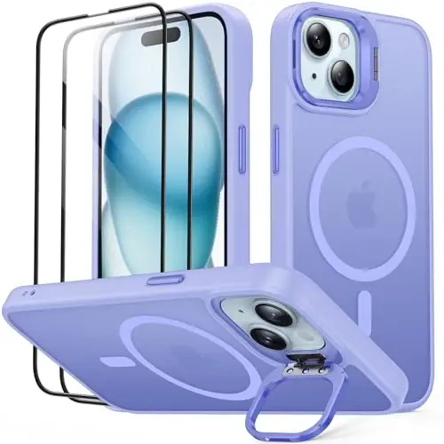 JAME iPhone 15 uchun gʻilof, stend bilan, 2X [Temperli Shisha Ekran Himoyachisi], [Magnit bilan mos], Oʻrnatilgan Kamera Oyoqli Telefon Gʻilofi iPhone 15 uchun, Magnitli Gʻilof iPhone 15 uchun, 6.1”, Lavanda 